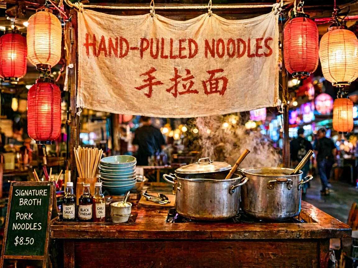 A Night-Market Cook Letters a Blank Banner - After
