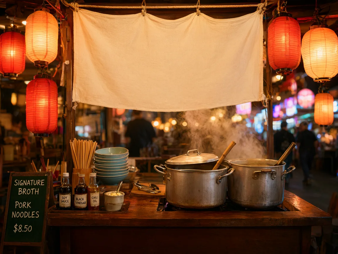 A Night-Market Cook Letters a Blank Banner - Before